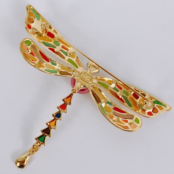 VTG Joan Rivers Signed Dragonfly Brooch Gold Tone Enamel Articulated Colorful - Picture 7 of 12